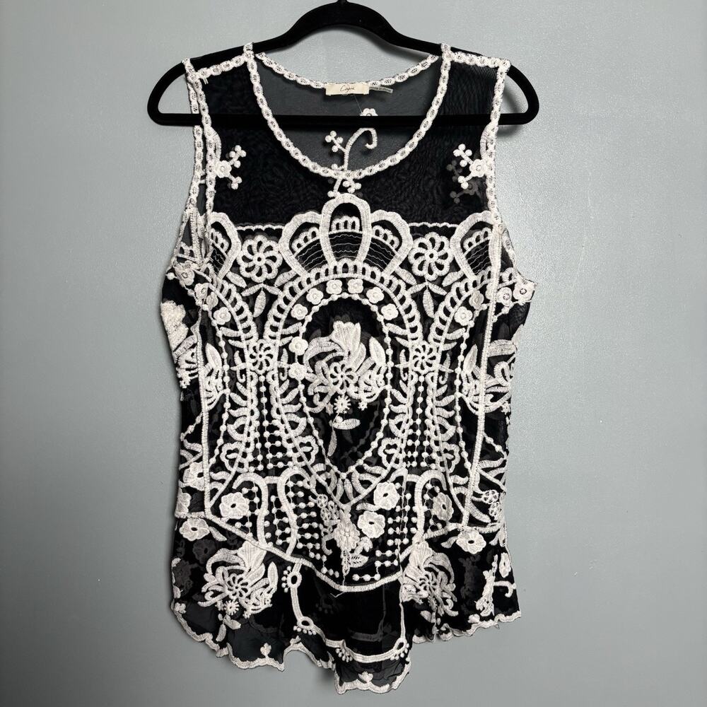 CAPRI Women’s Lace Black Floral Top Large Shirt Sheer Sleeveless Resort Pattern